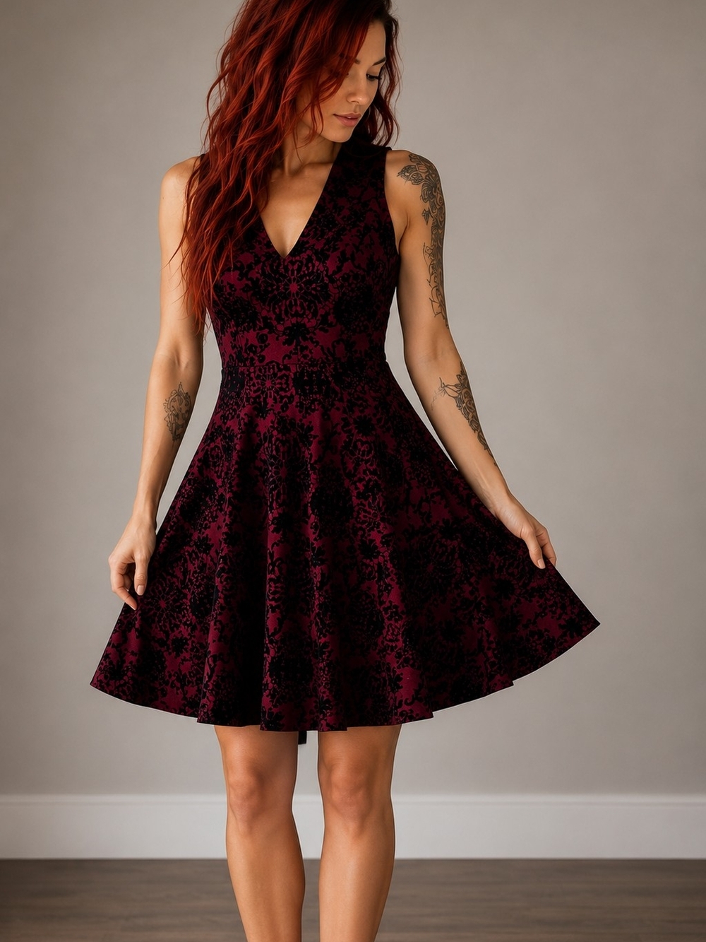 Sleeveless V-Neck Burgundy Floral Velvet Applique Fit-and-Flare Dress. Size S